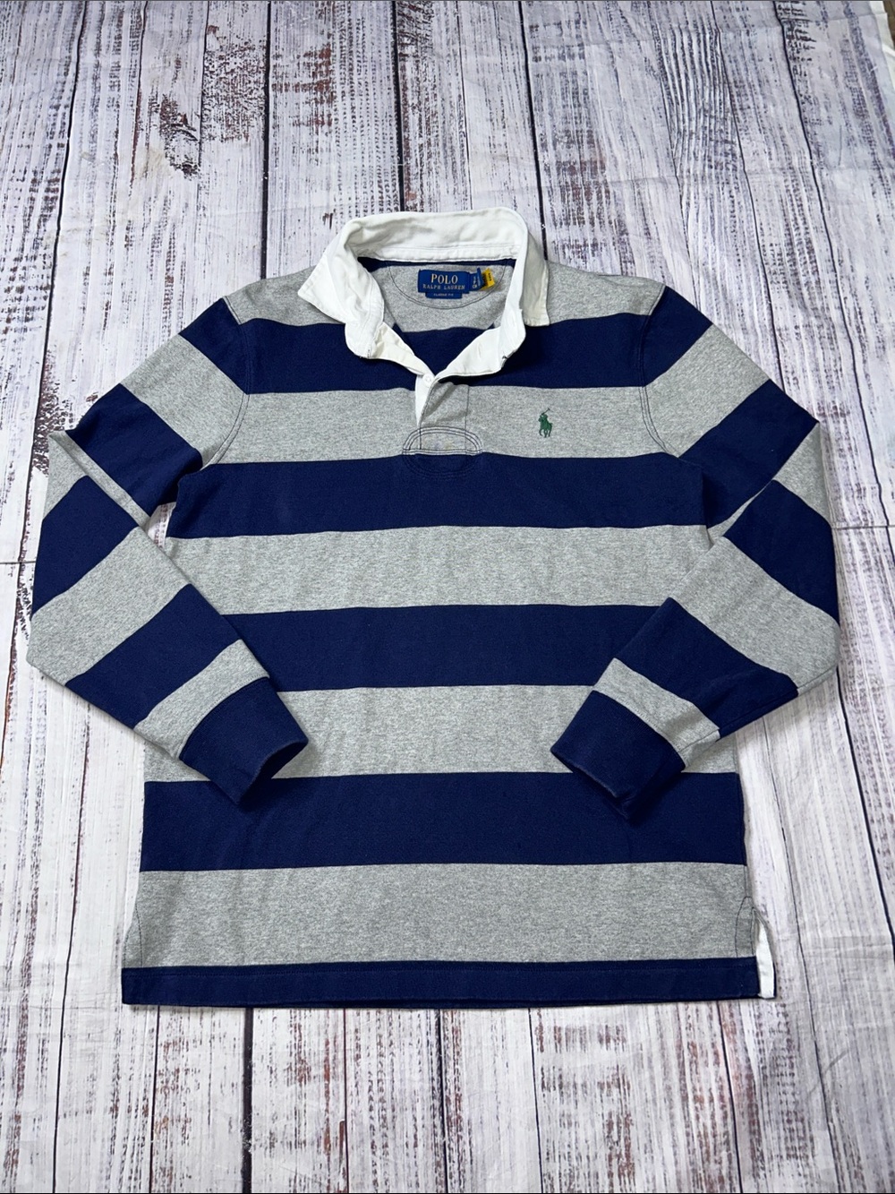 Ralph Lauren Navy, Gray & White Striped Rugby Polo
